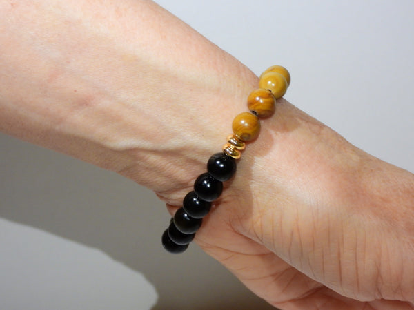 Woodgrain Jasper, Pyrite, Gold Sheen Obsidian elastic bracelet