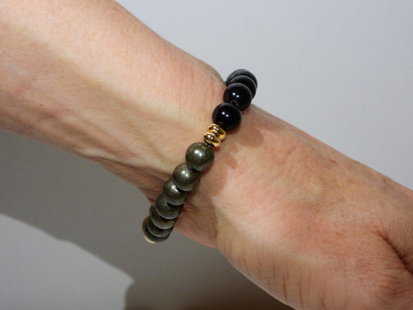 Woodgrain Jasper, Pyrite, Gold Sheen Obsidian elastic bracelet