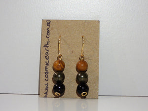 Woodgrain Jasper, Pyrite, Gold Sheen Obsidian earrings