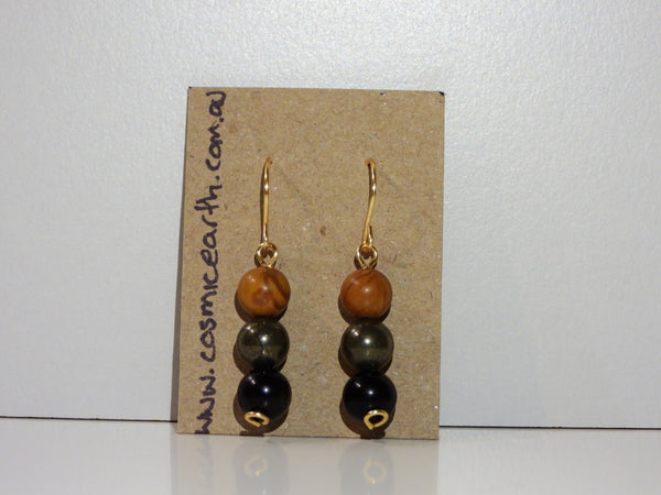 Woodgrain Jasper, Pyrite, Gold Sheen Obsidian earrings