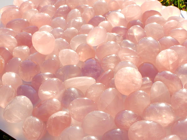 Lots of high quality Rose Quartz pumbles sparkling in the sunshine. Different angle