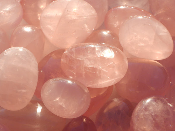 Lots of high quality Rose Quartz pumbles sparkling in the sunshine. Extreme close up