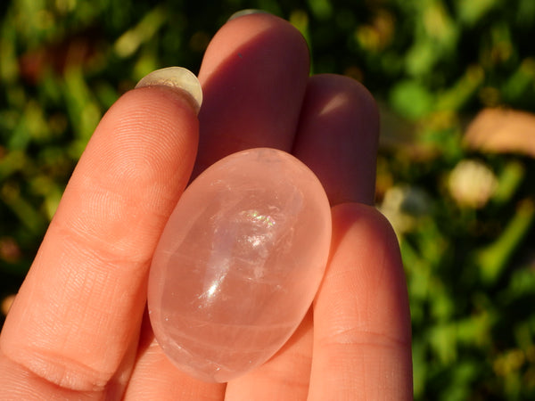 One single high quality Rose Quartz pumble sparkling in the sunshine in someone's hand. Extreme close up.
