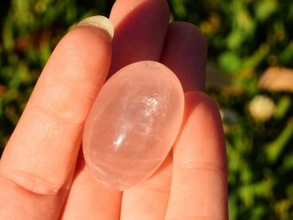 A high quality Rose Quartz pumble sparkling in the sunshine in someone's hand