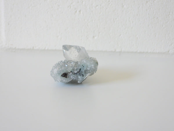 Clear Apophyllite on Black Chalcedony Stalactite #1