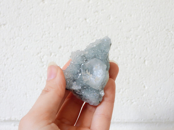 Clear Apophyllite on Black Chalcedony Stalactite #1