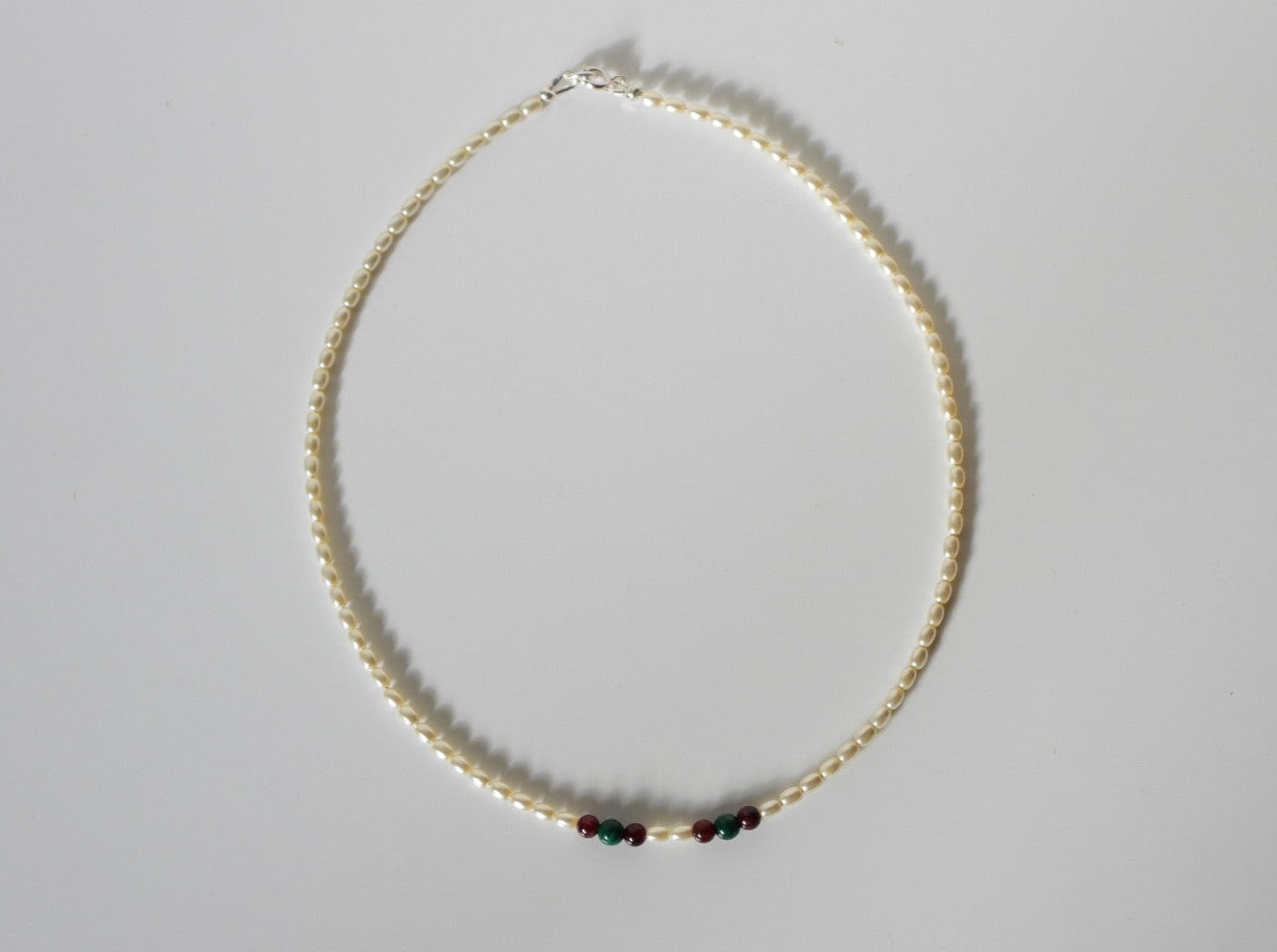 Swarovski rice pearl, Garnet and Malachite necklace
