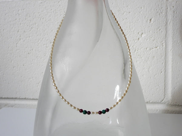 Swarovski rice pearl, Garnet and Malachite necklace