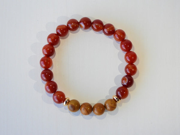 Carnelian and Woodgrain elastic bracelet